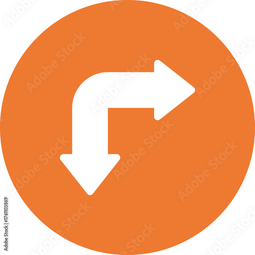 Orange circle with white arrow showing a sharp right turn and downward direction vector