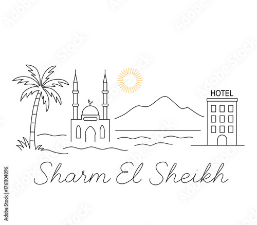 linear panorama of Sharm el-Sheikh Egypt. Mosque, palm trees, and a warm sea against the backdrop of a pyramid. Tourism and vacation concept. Flat line illustration with hand-lettering "Hurghada."