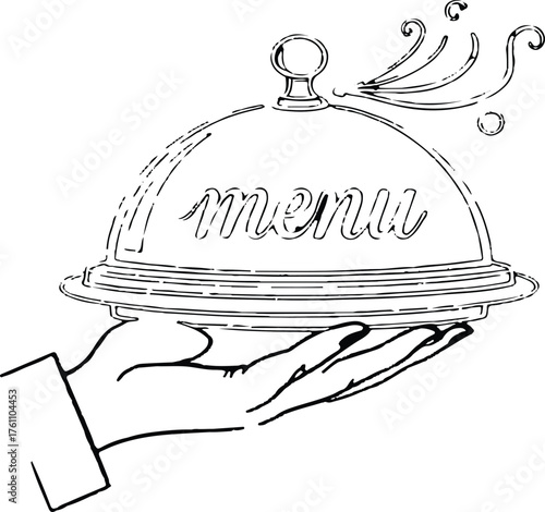 A hand holding a silver platter with a cloche, the word 'menu' is written on it.