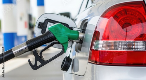 Green fuel nozzle inserted into a silver car's gas tank at a petrol station, symbolizing vehicle refueling and transportation costs