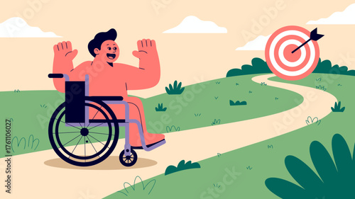 Man in wheelchair celebrates achieving a goal with arms raised triumphantly on a winding path towards a bullseye target