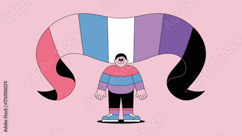 A person stands proudly under a colorful abstract representation of the genderfluid pride flag symbolizing identity and self expression