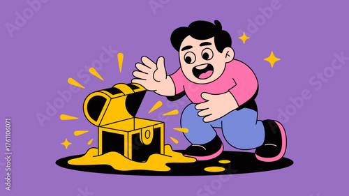 Excited cartoon man discovering a treasure chest overflowing with golden coins and jewels in a vibrant illustration