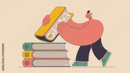 Person stacking books symbolizing learning knowledge acquisition and the joy of reading in a stylized illustration