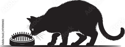 Silhouette of a Cat Eating from a Bowl on Isolated Transparent Background