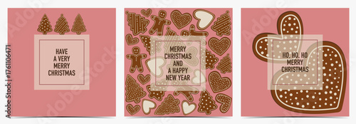 Merry Christmas, happy new year cute greeting card, poster, template, label set with adorable gingerbread cookies in different shapes on pink background, vector illustration
