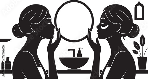 Silhouette of a Woman Doing Skincare Routine in Bathroom with a Mirror and Cosmetics Vector