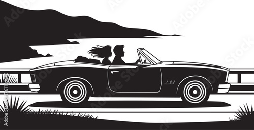Silhouette Of Classic Convertible Car With A Woman Driving On Scenic Road Beside Mountains