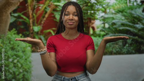 Young woman palms up presenting in a forest park area with green plants and casual red top and jeans; contemplation choice balance.