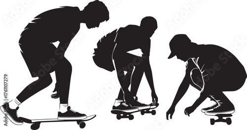 Skateboarder Silhouettes Group Trick Urban Sport Style Vector Skateboard