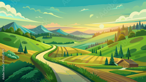 Very beautiful serene winding road through lush green hills, surrounded by fields and sunlight, symbolizing peace, hope, and endless exploration in the heart of pristine countryside landscapes.