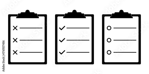 Set of Three Clipboard Icons Representing Task Status: Incorrect, Completed, and Pending
