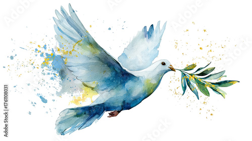 Watercolor white dove flying with olive branch and golden splashes, peace and hope illustration isolated on transparent background