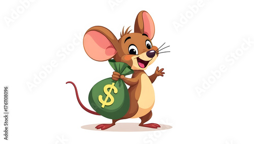 cartoon illustration of a mouse carrying a bag of money