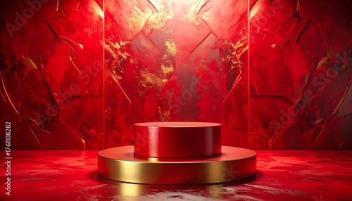 A red and gold pedestal against a textured red backdrop
