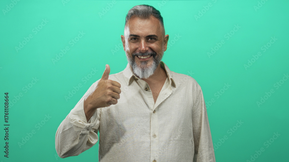 Fototapeta premium Middle aged man pointing finger at chest and giving thumbs up in green studio wearing beige linen shirt with a playful smirk; approval signal.