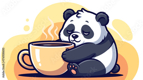 Cartoon Panda and Hot Coffee