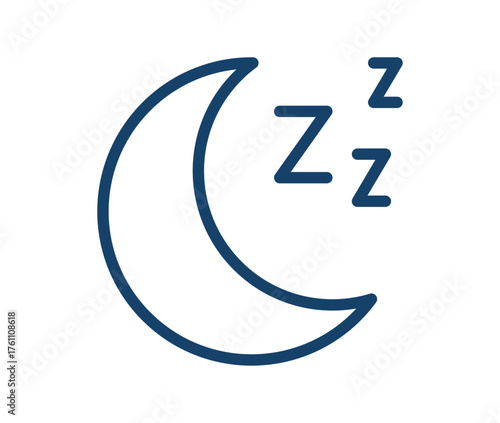 Crescent moon with sleeping zzz symbol in simple line art style, ighttime rest, dream and sleep concept icon representing relaxation and bedtime flat vector illustration isolated on white background.