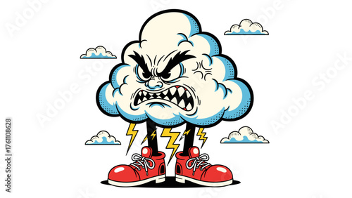 Angry Thunder Cloud Cartoon Mascot with Lightning and Sneakers Vector Illustration