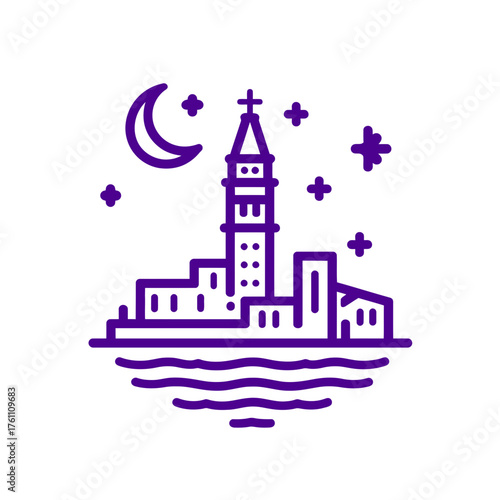 Minimalist purple line art illustration of a nighttime waterfront city skyline with a church tower, crescent moon, and stars over water. Vector icon.