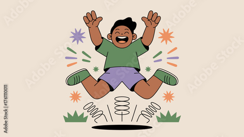 Joyful young boy with arms raised in excitement jumping high on a trampoline with colorful abstract shapes around him