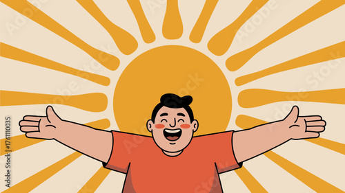 Joyful man with arms outstretched and thumbs up in front of a bright radiating sun symbolizing happiness and success