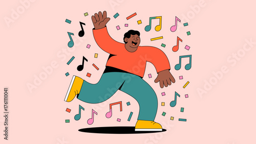 Energetic black man dancing joyfully surrounded by colorful musical notes on a soft pink background