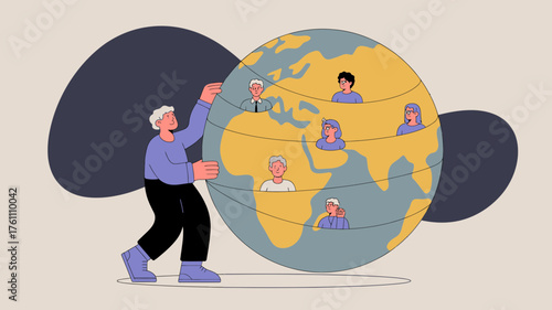 Person connecting with diverse people around the world through a stylized globe illustration symbolizing global communication and interconnectedness