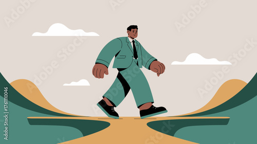 A determined businessman confidently walks across a narrow bridge symbolizing challenges and career progression towards success
