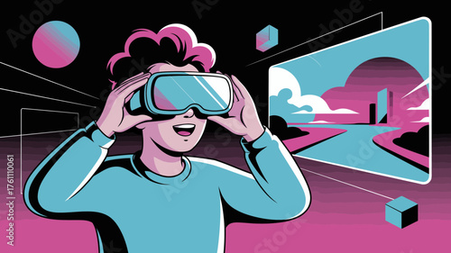 Excited person wearing a virtual reality headset immersed in a futuristic digital world with vibrant colors and abstract shapes