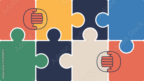 Abstract illustration of diverse people silhouettes within colorful puzzle pieces symbolizing unity teamwork and community connection