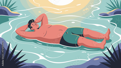 A relaxed man with hands behind his head floats peacefully on his back in clear blue water surrounded by lush green foliage under warm sunlight