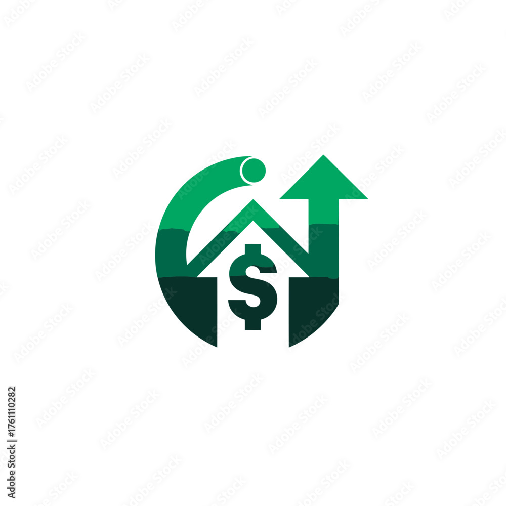 Obraz premium Green real estate investment growth concept featuring a house icon with dollar sign and upward trend arrow, representing property value and financial success.