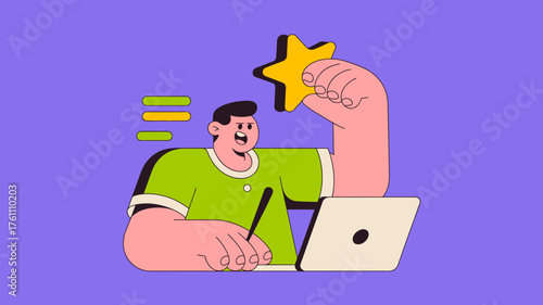 Man working on laptop and holding up a golden star symbolizing success achievement and recognition in a modern flat illustration style