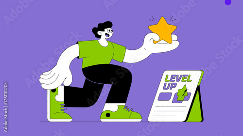 Modern flat illustration of a person holding a golden star next to a level up sign representing achievement and progress