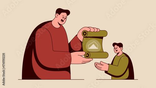 Generous man with a scroll depicting a mountain peak offers it to a smaller man in a stylized flat illustration