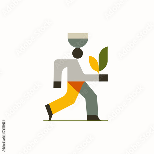Modern geometric flat design illustration of a person carrying a bowl on their head and holding green leaves, symbolizing sustainability and nature.