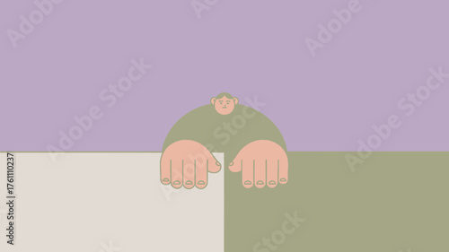 A stylized cartoon man peeking over a colorful wall with his hands resting on the surface conveying curiosity or anticipation