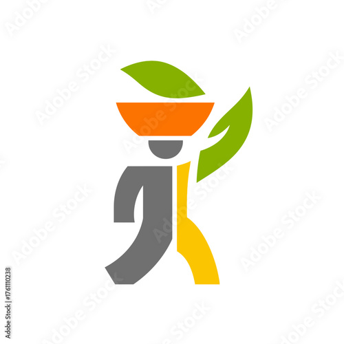 Vibrant icon of a stylized figure carrying a bowl of fresh, healthy food with green leaves, representing organic produce and eco-friendly nutrition.