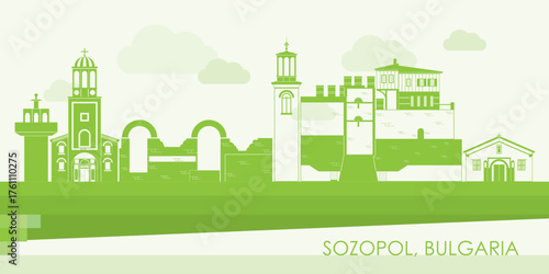 Green Skyline panorama of town of Sozopol, Bulgaria - vector illustration