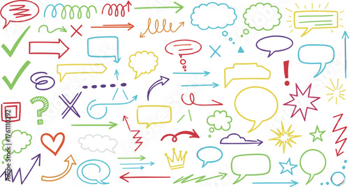 Colorful doodle symbol set, arrows, speech bubbles, stars, punctuation, expressive icons, hand-drawn sketch, white background