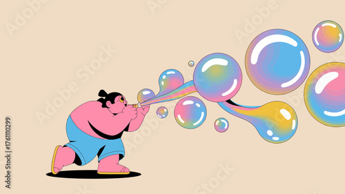 Chubby cartoon character blowing colorful iridescent bubbles into the air against a soft beige background