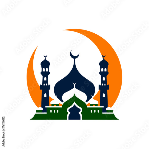 Islamic mosque vector illustration with dome and minarets, featuring a crescent moon. Symbolizing Muslim faith, prayer, and spirituality.