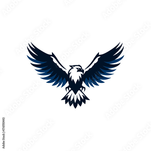 Stylized majestic eagle with spread wings, soaring bird of prey illustration, powerful mascot emblem design in dark blue and white
