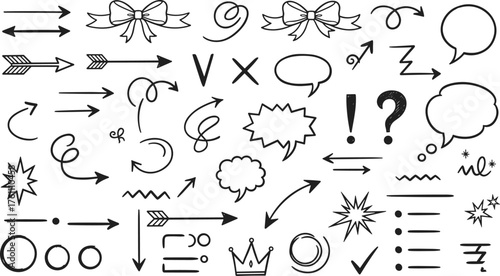Hand-drawn symbol sketch set, arrows, speech bubbles, stars, punctuation, decorative icons, black ink doodles, white background