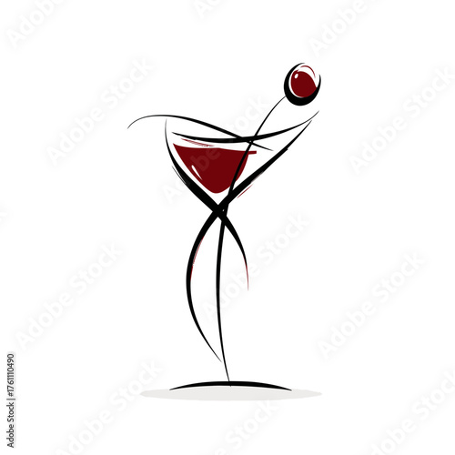 Stylish abstract cocktail glass icon with red drink and cherry. Modern minimalist design for beverage, party, and nightlife concepts.