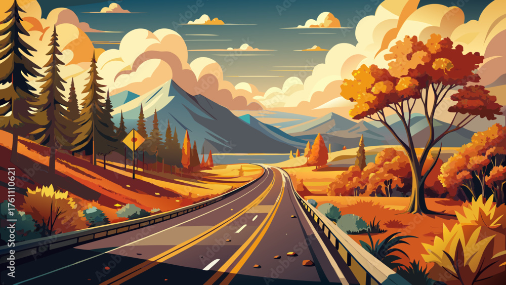© ehsanollah - Very beautiful vintage highway framed by autumn colors and golden sunlight, evoking nostalgia and warmth, perfect for travelers seeking the magic of old American road trips and timeless journeys.