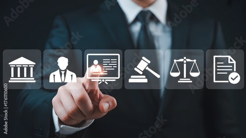 legal services and law consulting concept with businessman touching digital justice icons interface