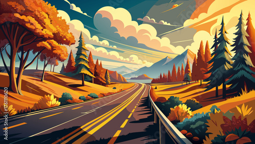 Very beautiful vintage highway framed by autumn colors and golden sunlight, evoking nostalgia and warmth, perfect for travelers seeking the magic of old American road trips and timeless journeys.
