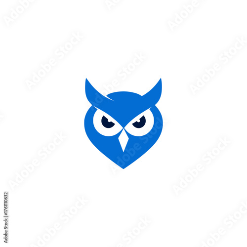 Blue owl head illustration. Minimalist design of a wise bird icon for education, technology, or creative branding. Smart animal graphic.